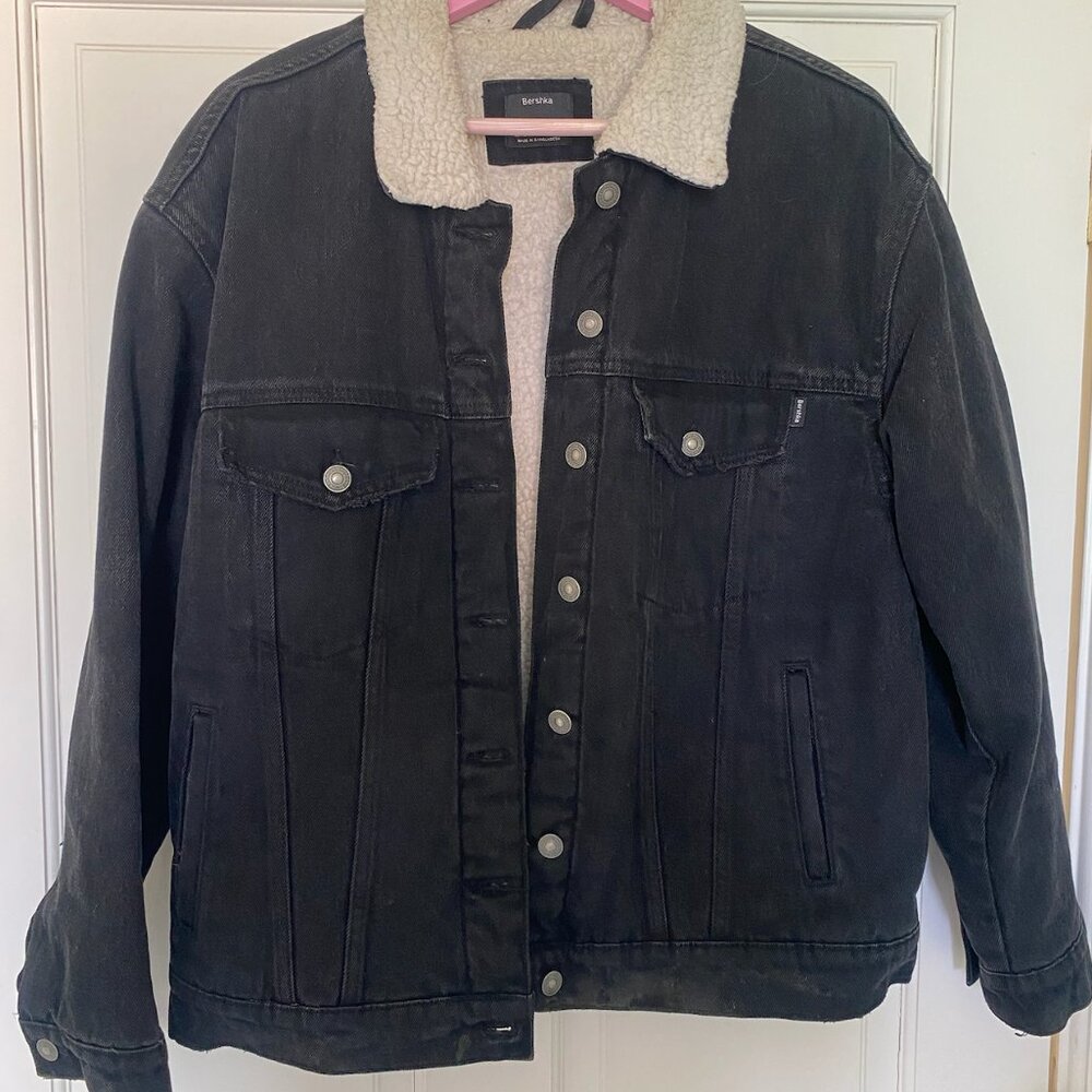 Bershka Black Denim Jacket with Sherpa Lining